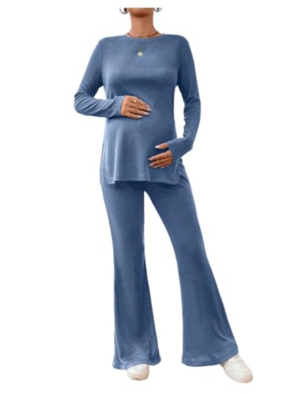 Maternity Lounge Set 2 Piece Long Sleeve Ribbed Top Flare Pants